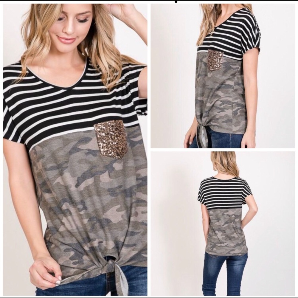 Stripes & Camo Tie Top with Sequin Pocket